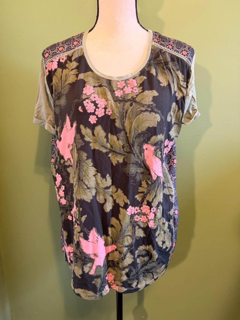 Desigual Pink Bird & Olive Floral Scoop Neck Tee